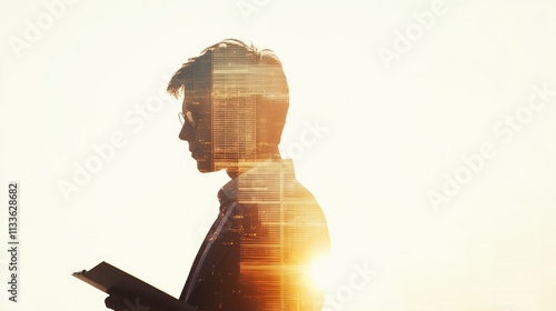 Investment planning documents, close up, focus on, copy space, clean white with highlights, double exposure silhouette with financial strategy photo