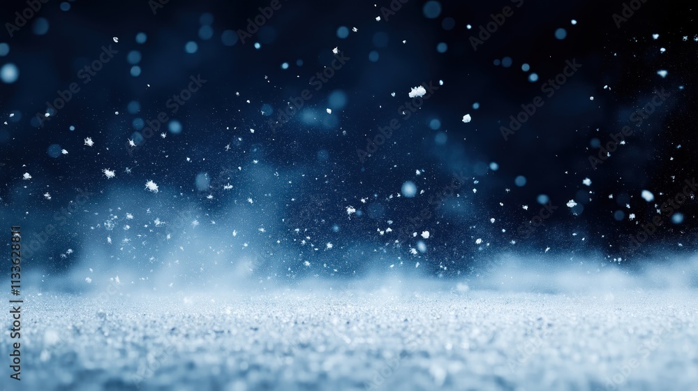 Obraz premium Mesmerizing snowfall creates magical winter scene. Swirling snowflakes fall against dark background. Ethereal bokeh effects enhance winter atmosphere. Winter wonderland scene. Frozen landscape.