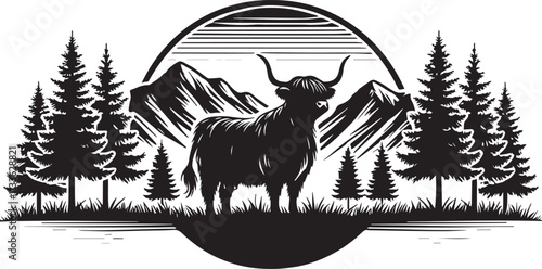 A Highland Cow standing against a backdrop of mountains and trees vector silhouette
