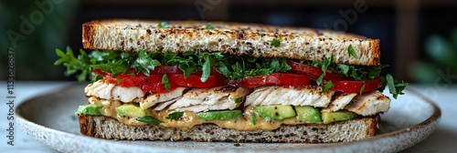 Glutenfree sandwich a portion of avocado turkey and fresh lettuce between glutenfree bread styled on a clean white plate photo