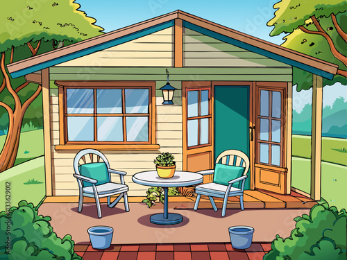 colorful illustration of a cozy Scandinavian-style porch with a small round table and chairs for morning coffee.