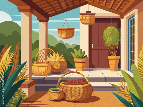 colorful illustration of a porch decorated with woven baskets, natural textures, and a serene, calming ambiance.