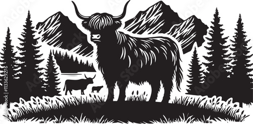 A Highland Cow standing against a backdrop of mountains and trees vector silhouette