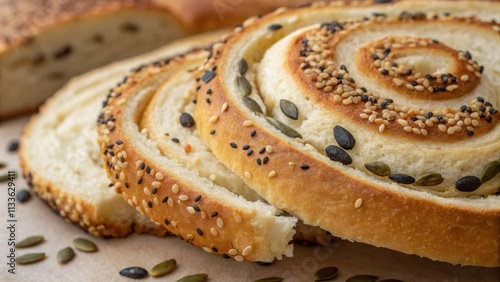 A macro shot captures the twirling patterns created by the spirals of sesame and pumpkin seeds infused in the bread. The delicate texture is accentuated by fine crisp edges photo