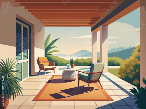 colorful illustration of a porch with a small coffee table and two cushioned chairs, facing a peaceful yard.