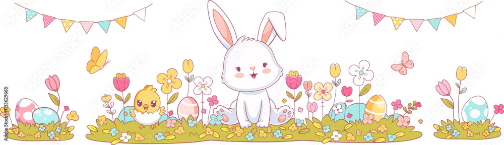 Happy Easter horizontal banner. Spring landscape bunny rabbit, chicken, egg, crocus daisy flower, grass. Springtime nature. Text lettering. Vector illustration background. Greeting card border Happy Easter horizontal banner. Spring landscape bunny rabbit, chicken, egg, crocus daisy flower, grass. Springtime nature. Text lettering. Vector illustration background. Greeting card border