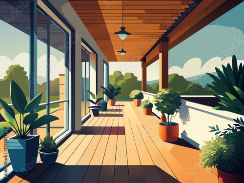 colorful illustration of a Scandinavian porch with light wooden furniture, white cushions, and potted plants.