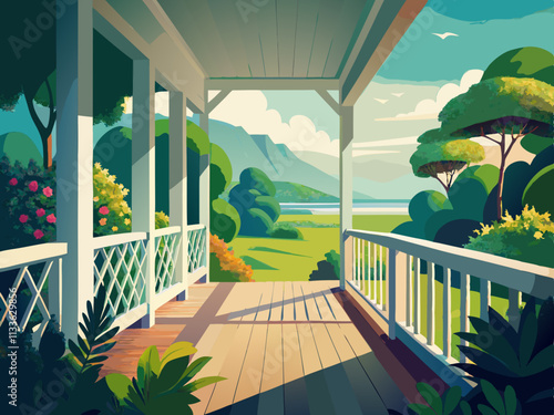 colorful illustration of a Scandinavian veranda with a white wooden railing and a view of a lush garden.