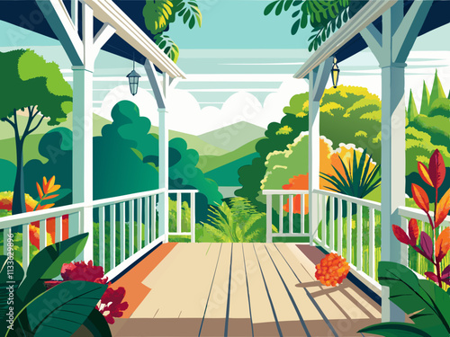 colorful illustration of a Scandinavian veranda with a white wooden railing and a view of a lush garden.