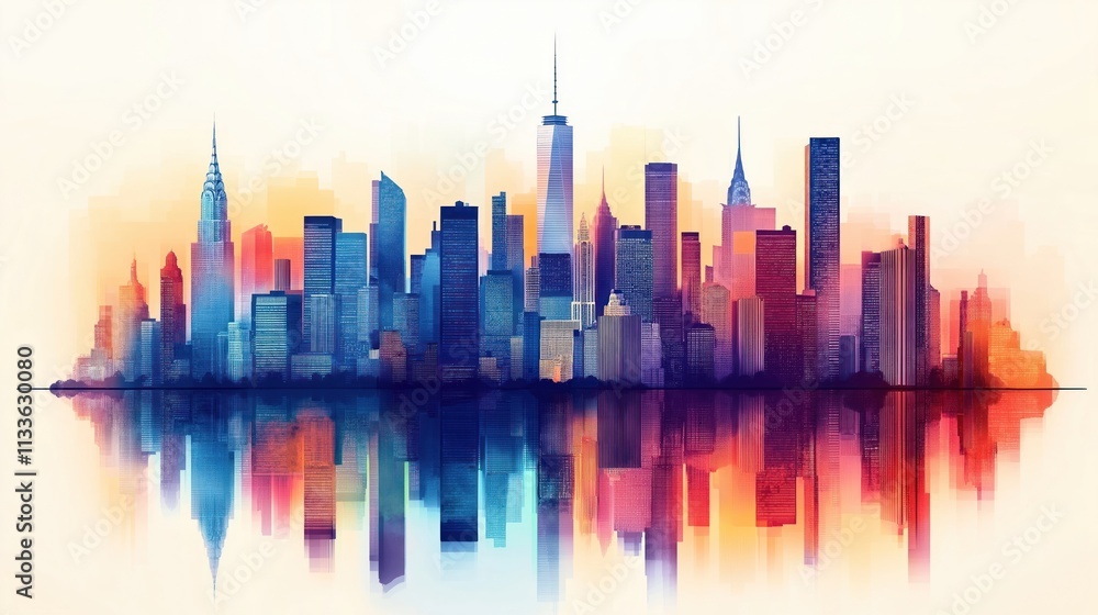 Obraz premium Colorful city skyline panorama shows modern buildings reflected in water. Urban landscape looks vibrant with reflections. Image suitable for city concepts, architectural designs. Metropolitan