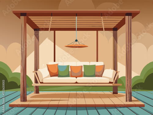 colorful illustration of a veranda featuring a simple wooden swing adorned with neutral-colored cushions.