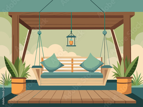 colorful illustration of a veranda featuring a simple wooden swing adorned with neutral-colored cushions.