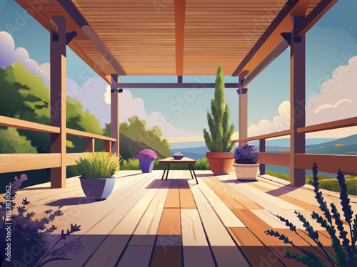 colorful illustration of a veranda with a light wooden deck, surrounded by potted lavender and herbs.