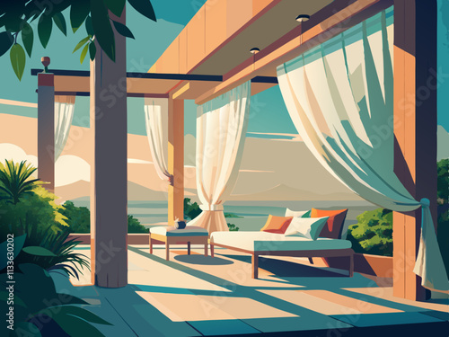 colorful illustration of a veranda with light curtains that softly billow in the breeze and a cozy seating area.