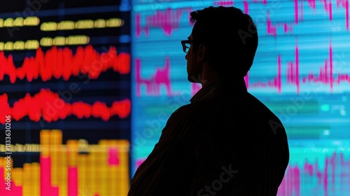 Stock market graphs on screen, close up, focus on, copy space, crisp and vivid display, double exposure silhouette with trading analysis