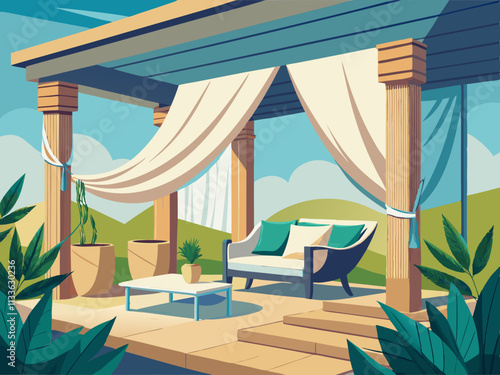 colorful illustration of a veranda with light curtains that softly billow in the breeze and a cozy seating area.