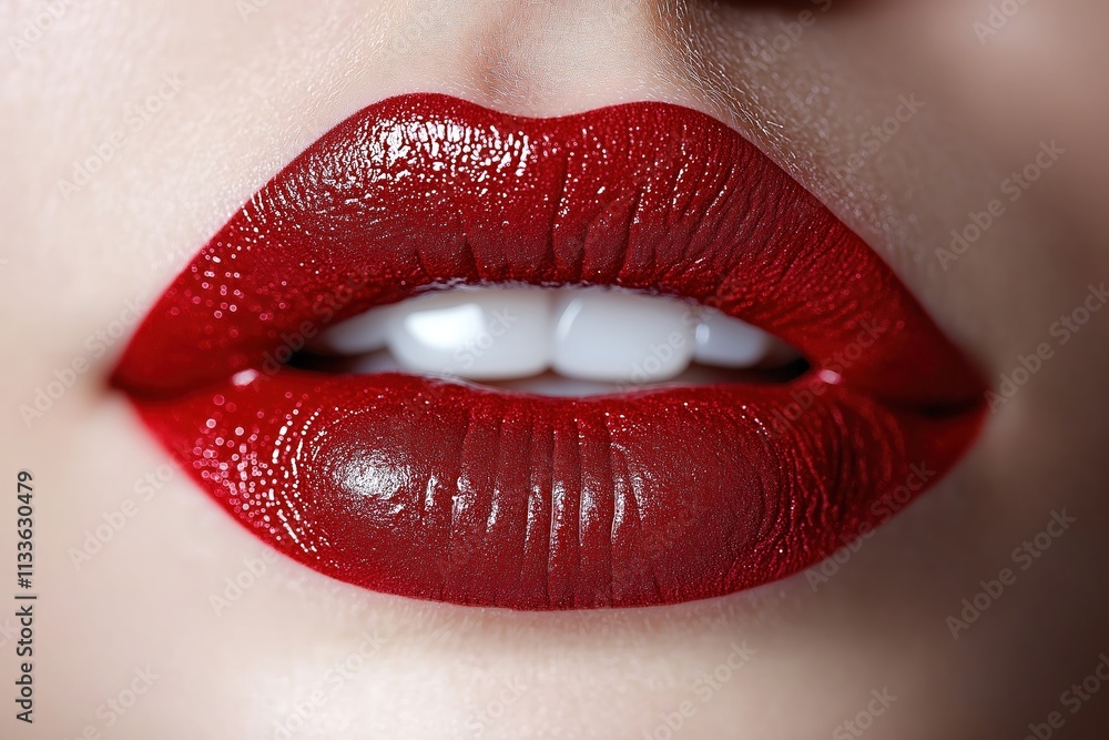 Closeup view of lips with intense red lipstick. Attractive vibrant red lipstick color. Perfect for beauty products promotion. Woman lips. Makeup artistry. Sensual glamorous appeal. Perfect for Closeup view of lips with intense red lipstick. Attractive vibrant red lipstick color. Perfect for beauty products promotion. Woman lips. Makeup artistry. Sensual glamorous appeal. Perfect for