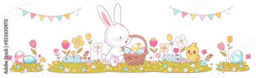 Happy Easter banner in pastel colors for kids. Cute Kawaii Bunny sitting with basket on the meadow, Easter eggs, chicken and flowers in doodle style Background