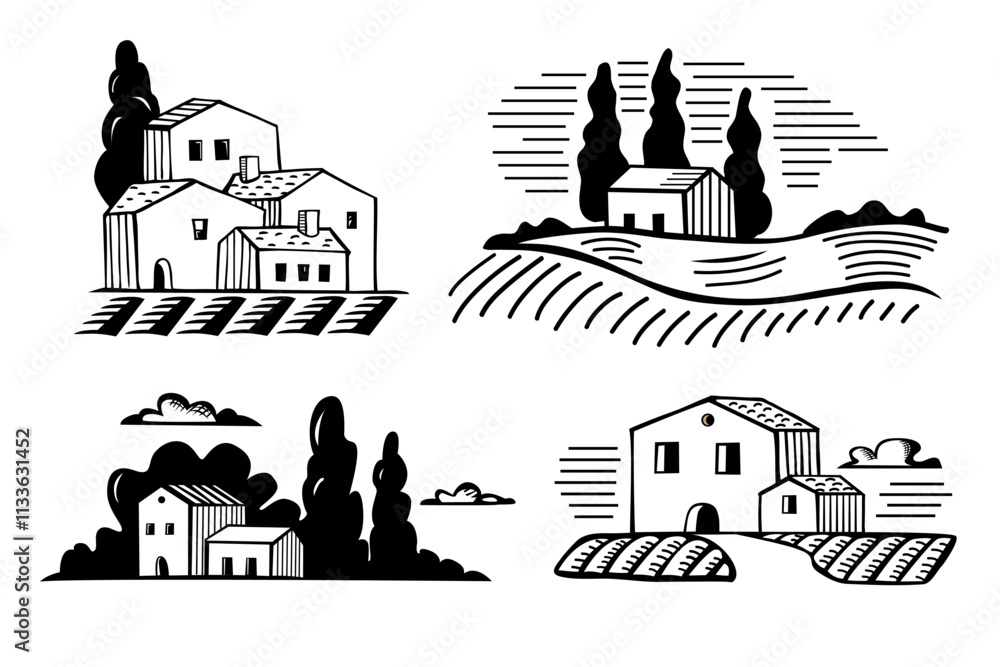 Fototapeta premium set of engraving style landscapes with houses