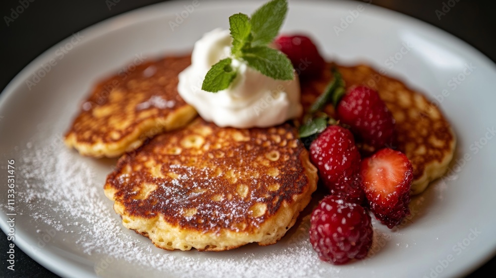 Delicious homemade pancakes topped with whipped cream and fresh berries served on a white plate Delicious homemade pancakes topped with whipped cream and fresh berries served on a white plate