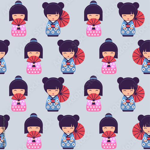 cute kokeshi dolls vector seamless pattern. Background design for textile, cover, wallpaper