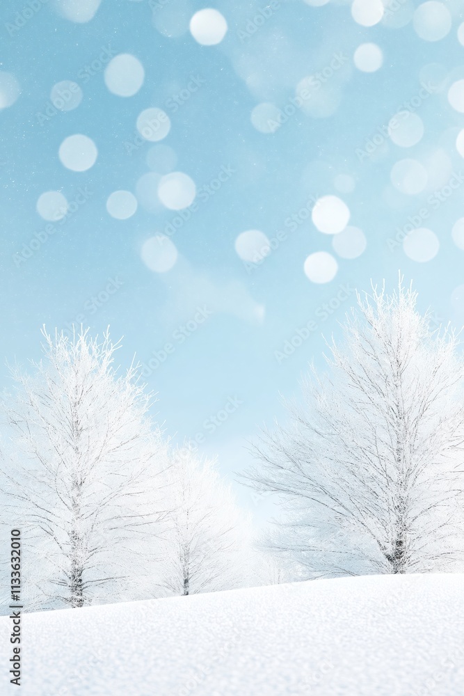 Winter wonderland scene shows snow-covered trees with delicate ice formations. Light blue sky with soft bokeh creates serene, peaceful atmosphere. Frozen landscape. Beautiful winter background. Snowy Winter wonderland scene shows snow-covered trees with delicate ice formations. Light blue sky with soft bokeh creates serene, peaceful atmosphere. Frozen landscape. Beautiful winter background. Snowy