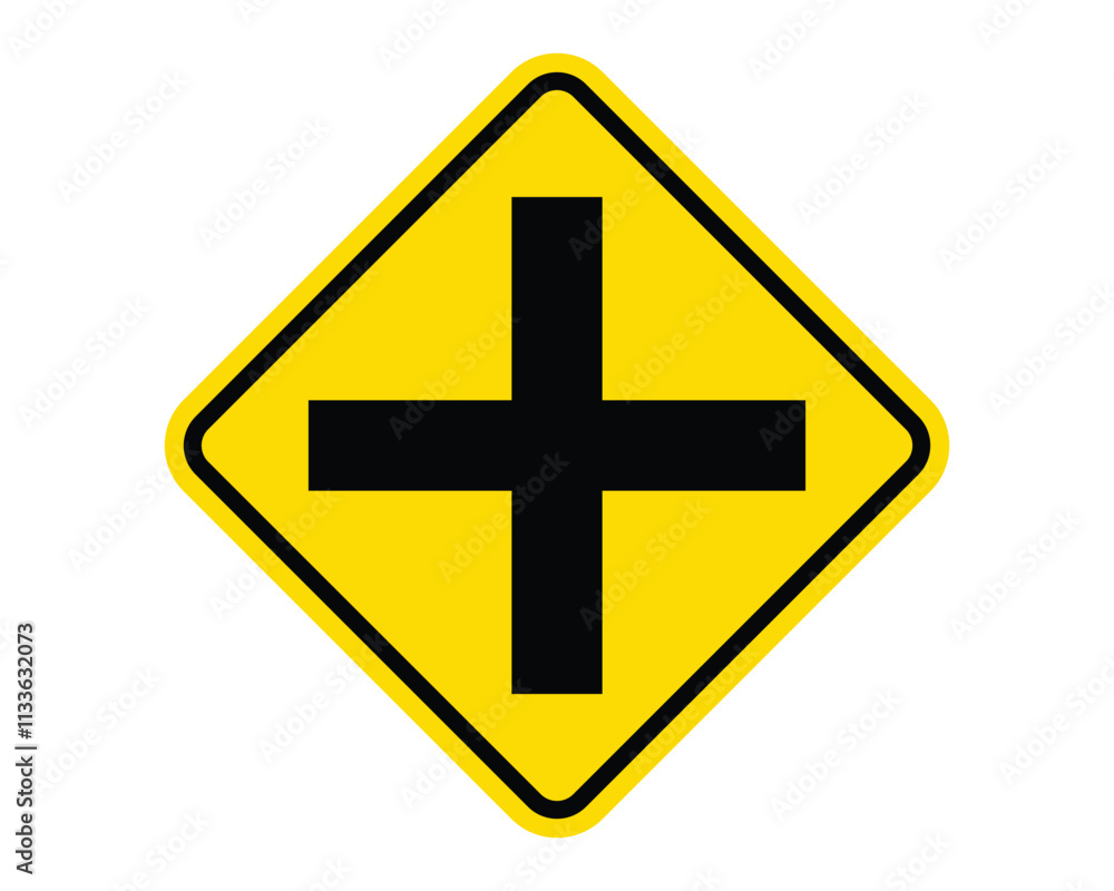 Crossroad Ahead Warning Sign Featuring a Yellow Diamond Shape with a Black Cross, Indicating an Upcoming Intersection, Available as a Vector File Crossroad Ahead Warning Sign Featuring a Yellow Diamond Shape with a Black Cross, Indicating an Upcoming Intersection, Available as a Vector File