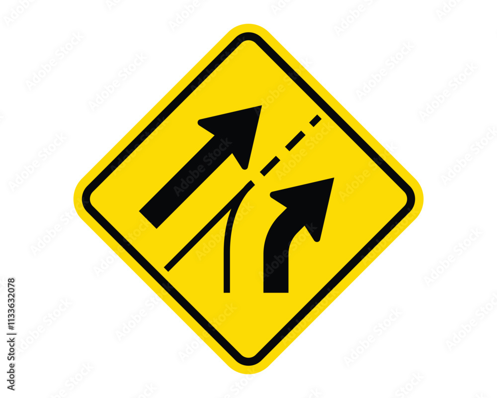 Entering Roadway Added Lane Warning Sign Featuring a Yellow Diamond Shape with Black Merging Arrows, Indicating an Additional Lane Joining the Main Roadway, Available as a Vector File Entering Roadway Added Lane Warning Sign Featuring a Yellow Diamond Shape with Black Merging Arrows, Indicating an Additional Lane Joining the Main Roadway, Available as a Vector File