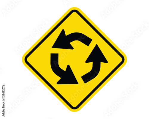 Free Download Circular Intersection Ahead Warning Sign Featuring a Yellow Diamond Shape with Black Arrows Forming a Circular Pattern, Indicating an Upcoming Roundabout, Available as a Vector File - GFXLoad