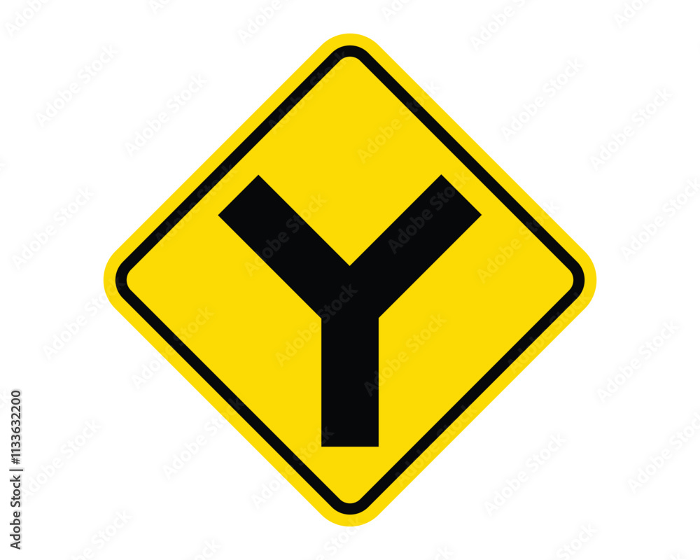 Y Intersection Ahead Warning Sign Featuring a Yellow Diamond Shape with Black Y Symbol, Indicating an Upcoming Y Intersection, Available as a Vector File Y Intersection Ahead Warning Sign Featuring a Yellow Diamond Shape with Black Y Symbol, Indicating an Upcoming Y Intersection, Available as a Vector File
