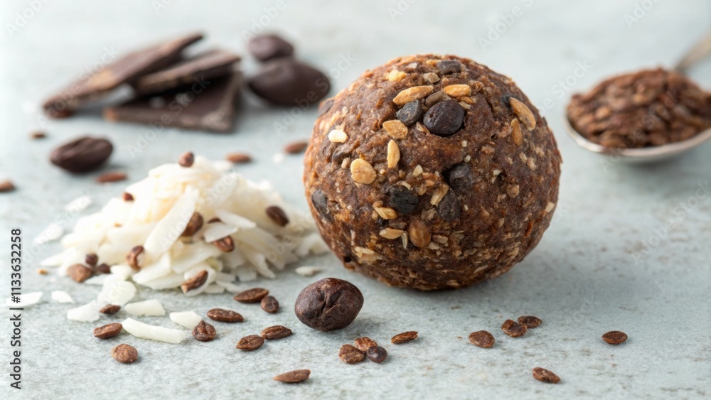 Tightly packed and rich in texture the energy ball exhibits an array of ingredients with cacao nibs and flaxseed clearly visible on its rough surface. The ball sits on a Tightly packed and rich in texture the energy ball exhibits an array of ingredients with cacao nibs and flaxseed clearly visible on its rough surface. The ball sits on a