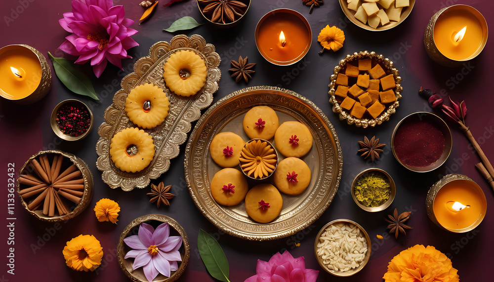 Traditional Indian sweets and decorative elements. The scene features beautifully arranged golden trays filled with assorted sweets like peda, burfi, and spiraled treats, adorned with edible garnishes Traditional Indian sweets and decorative elements. The scene features beautifully arranged golden trays filled with assorted sweets like peda, burfi, and spiraled treats, adorned with edible garnishes