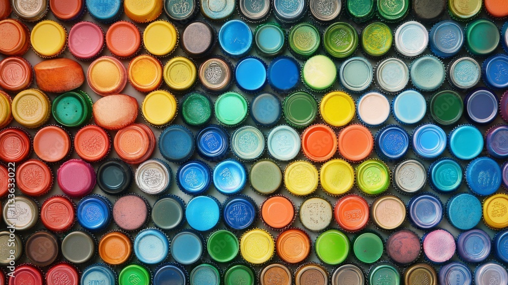 27.Collection of colorful metallic bottle caps with crimped edges for glass beverages, neatly arranged in rows and scattered across a flat surface, showing variety and texture. 27.Collection of colorful metallic bottle caps with crimped edges for glass beverages, neatly arranged in rows and scattered across a flat surface, showing variety and texture.