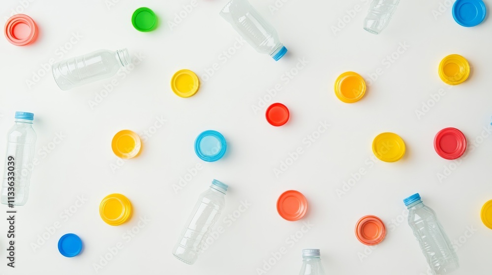 62.Close-up composition of multi-colored plastic bottle caps scattered around transparent plastic bottles, each cap showcasing vivid colors, symbolizing recyclability on a plain white background. 62.Close-up composition of multi-colored plastic bottle caps scattered around transparent plastic bottles, each cap showcasing vivid colors, symbolizing recyclability on a plain white background.
