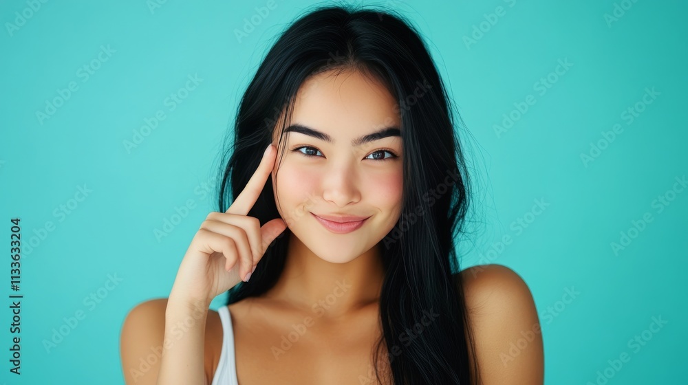 A cheerful young woman gently touches her temple, as if in thought, while smiling at the camera. Her bright teal background and radiant smile create a positive and energetic mood.. AI Generation A cheerful young woman gently touches her temple, as if in thought, while smiling at the camera. Her bright teal background and radiant smile create a positive and energetic mood.. AI Generation