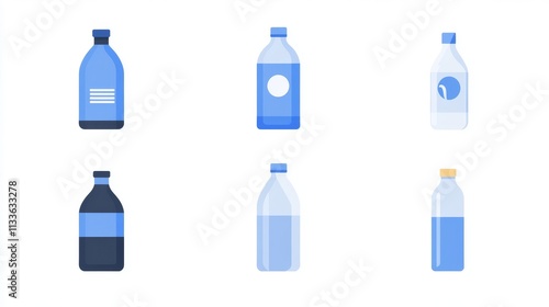 38.Collection of flat, blue water bottle icons in various styles, including tall and short bottle shapes, each icon with simple details and clean lines on a white background.