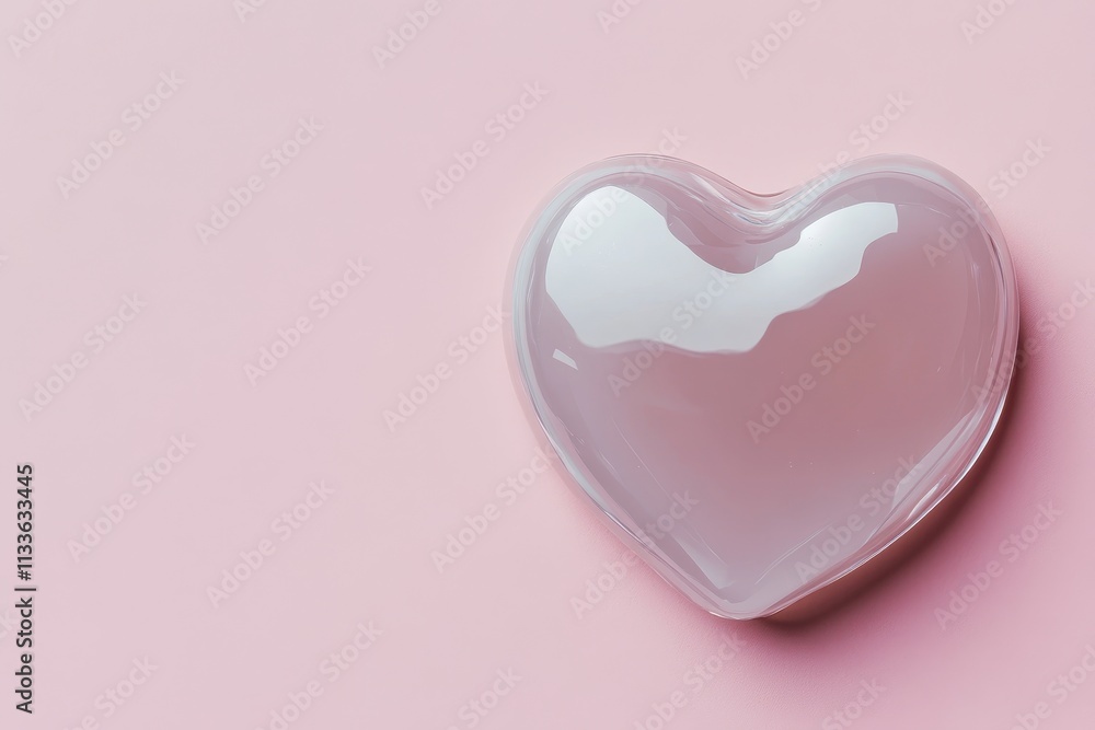Artistic flat lay of a heart-shaped clear gel smear with a glossy finish, resting on a soft pink background, emphasizing simplicity and texture