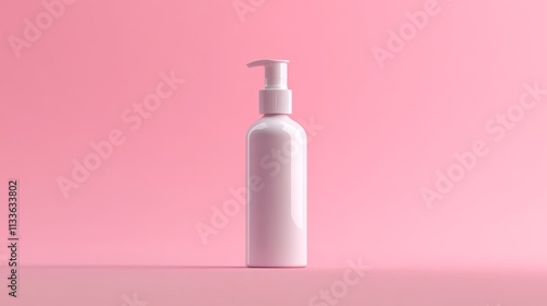 87.Isolated mockup of a plain white cosmetic spray bottle on a pastel pink background, with smooth curves and ample space for branding or design.