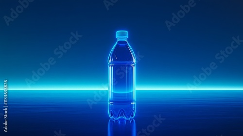 110.Vibrant neon outline of a large water bottle, glowing in electric blue against a deep gradient blue background, positioned at the bottom center with a smooth light blue skyline. photo