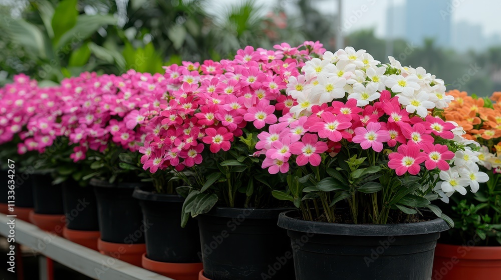 Vibrant Flower Pots in Greenhouse Setting Vibrant Flower Pots in Greenhouse Setting