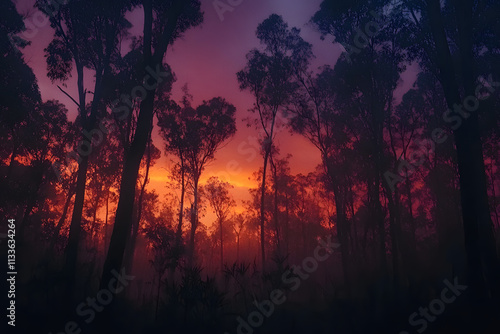 A dense forest with tall, dark trees silhouetted against a fiery sunset sky