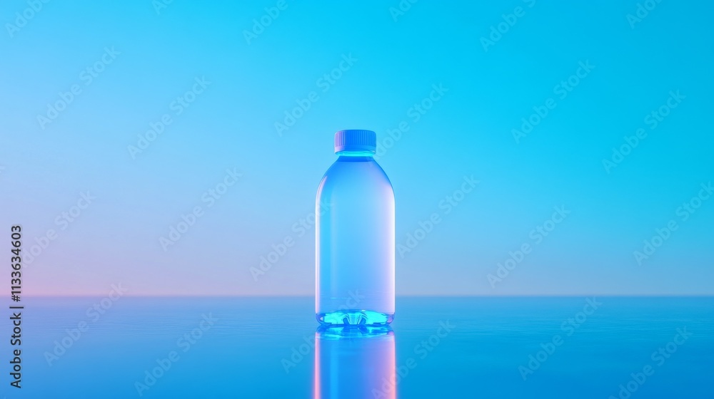 114.A stylized neon water bottle symbol glowing brightly on a smooth gradient blue background, positioned centrally at the bottom, with light blue hues evoking a tranquil skyline. 114.A stylized neon water bottle symbol glowing brightly on a smooth gradient blue background, positioned centrally at the bottom, with light blue hues evoking a tranquil skyline.