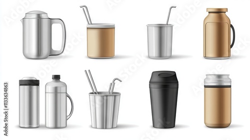 69.Realistic vector illustration of various stainless steel reusable drink containers, featuring different shapes and lids, including a tumbler with metal straw and insulated bottles, shown isolated