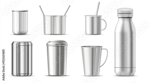 Wallpaper Mural 69.Realistic vector illustration of various stainless steel reusable drink containers, featuring different shapes and lids, including a tumbler with metal straw and insulated bottles, shown isolated Torontodigital.ca