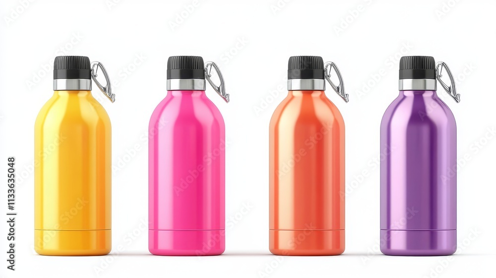 49.Concept 4: Vector Realistic 3D Metal Blank Glossy Reusable Water Bottle in Different Colors with Silver Bung Closeup Isolated on White Background. Design Template of Packaging Mockup. Front View 49.Concept 4: Vector Realistic 3D Metal Blank Glossy Reusable Water Bottle in Different Colors with Silver Bung Closeup Isolated on White Background. Design Template of Packaging Mockup. Front View