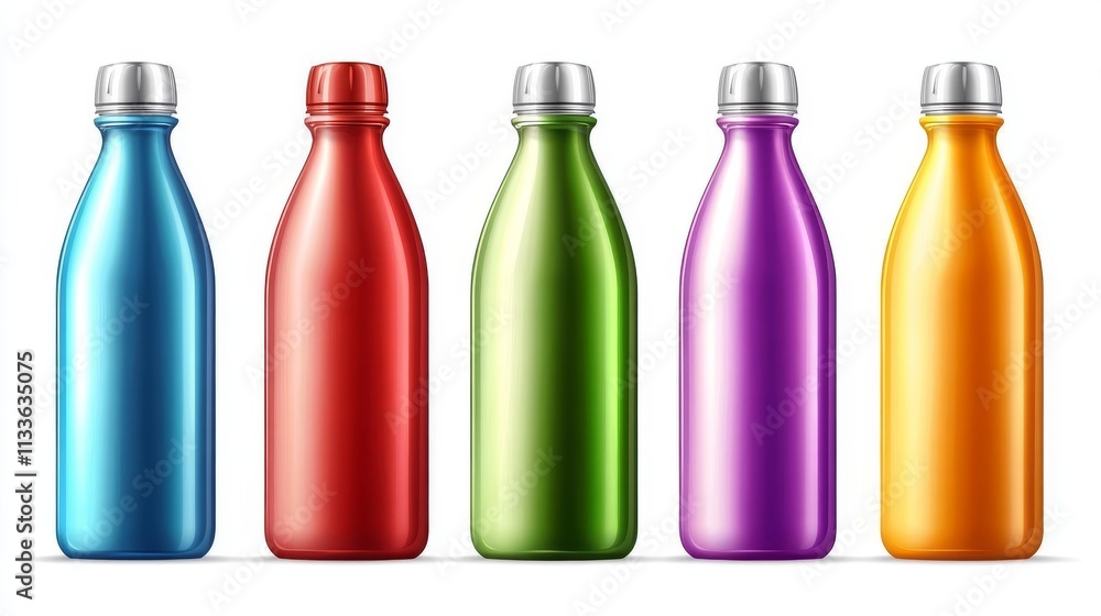 53.Set of vector realistic metal water bottles with high-gloss finishes, available in assorted colors, each bottle topped with a shiny silver bung, displayed on a white background. 53.Set of vector realistic metal water bottles with high-gloss finishes, available in assorted colors, each bottle topped with a shiny silver bung, displayed on a white background.