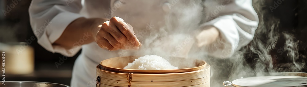 Chef preparing steamed dumplings in bamboo steamer, steaming hot, close-up. Chef preparing steamed dumplings in bamboo steamer, steaming hot, close-up.