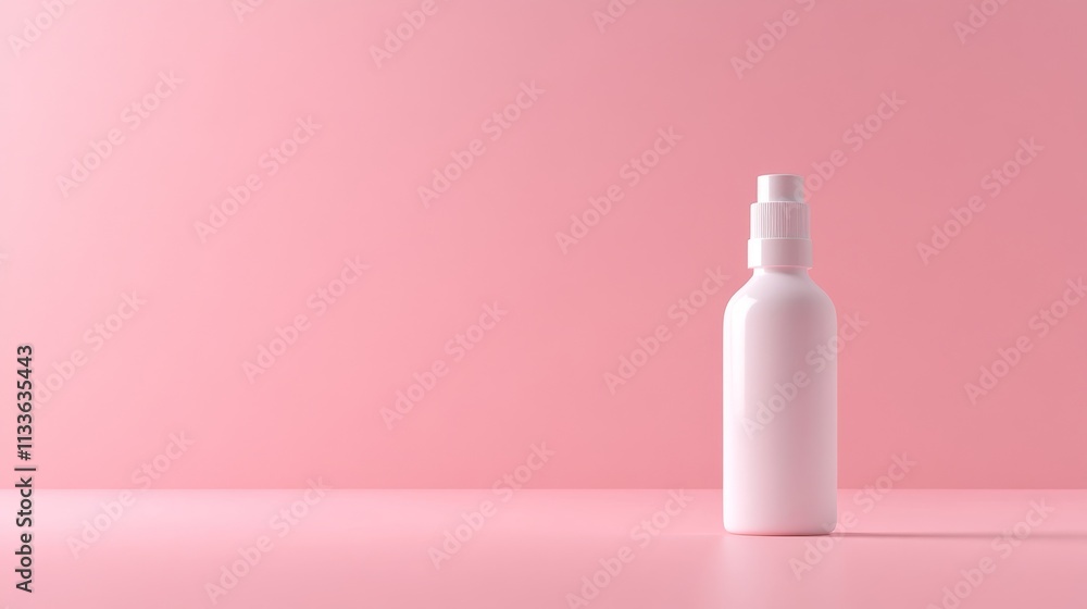 86.Minimalist front-facing view of a sleek white spray bottle without labels, standing on a soft pink background, perfect for showcasing cosmetic or skincare product designs. 86.Minimalist front-facing view of a sleek white spray bottle without labels, standing on a soft pink background, perfect for showcasing cosmetic or skincare product designs.