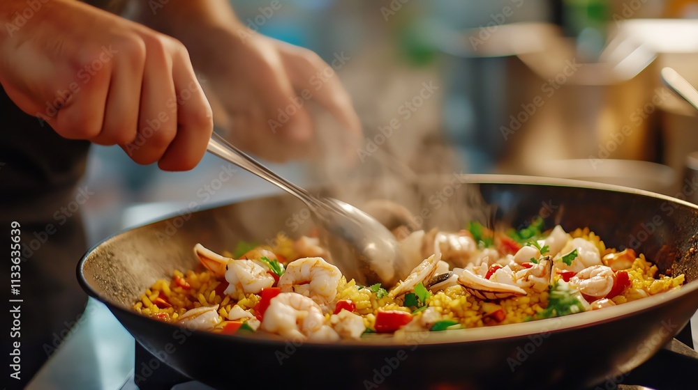 Chef stirring hot seafood dish in a skillet, steam rising, vibrant ingredients. Chef stirring hot seafood dish in a skillet, steam rising, vibrant ingredients.