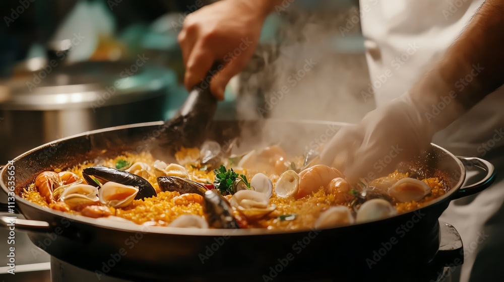 Chef preparing a delicious seafood paella in a large cooking pot with steam rising. Chef preparing a delicious seafood paella in a large cooking pot with steam rising.